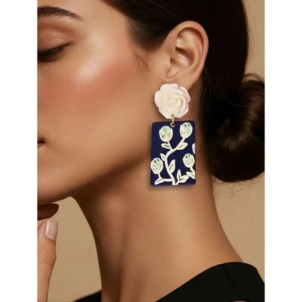 Artisan White Rose Blue Floral Dangle Earrings Geometric Resin Feminine Jewelry